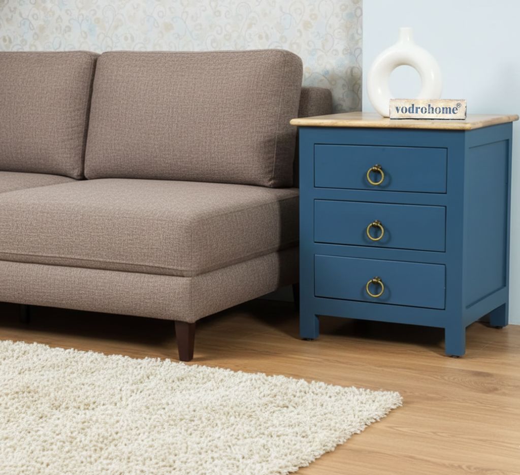 Vodrohome Solid mango wood bedside table - three drawers night stand end table 45x35x50 cm  S#021