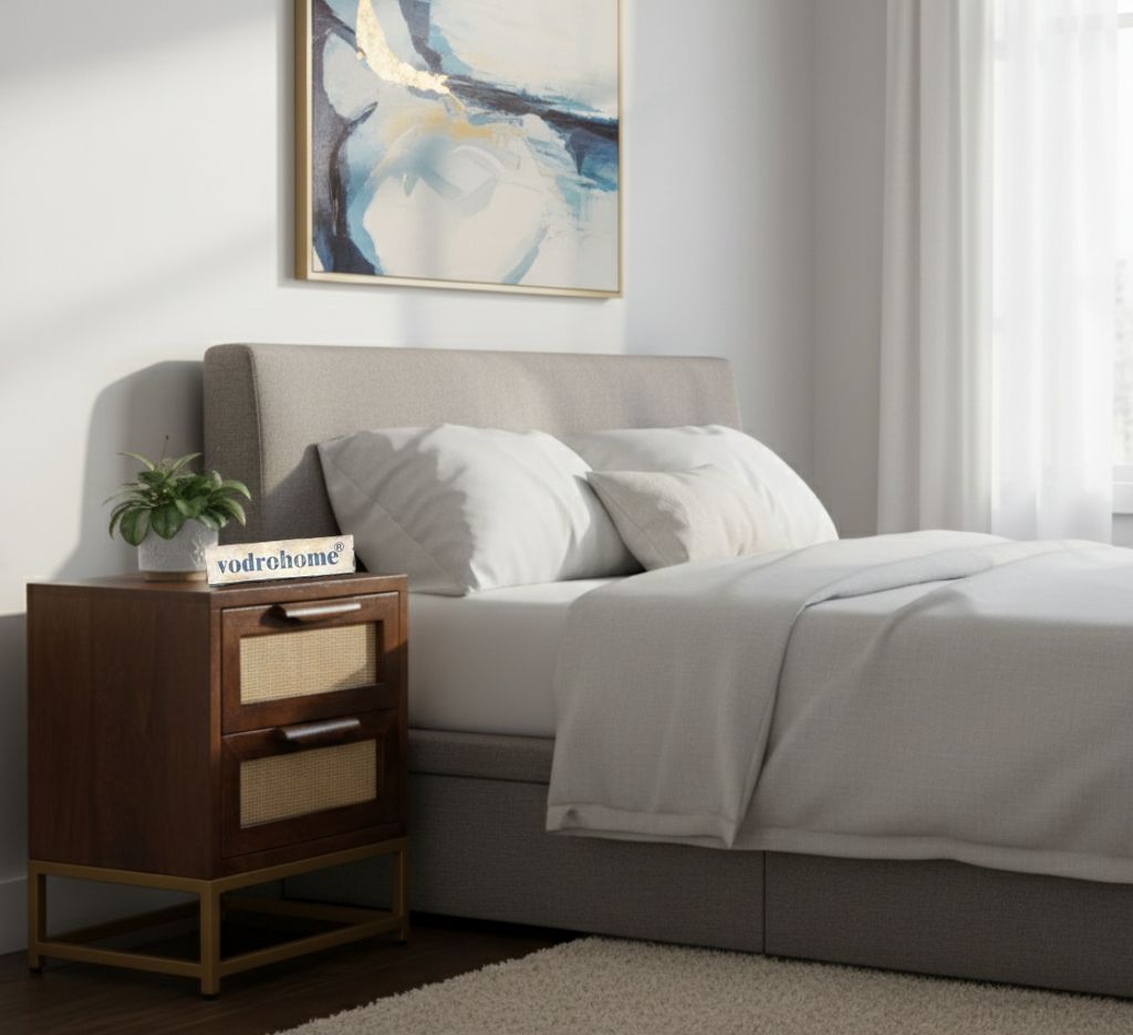 Vodrohome solid mango wood webbed bedside table with two drawers – classic design night stand with iron base 45x35x56 cm S#016