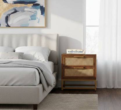 Vodrohome solid mango wood webbed bedside table with two drawers – classic design night stand with iron base 45x35x56 cm S#016