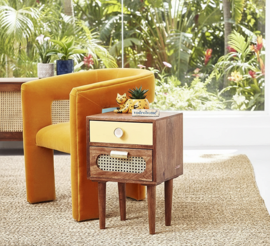 Vodrohome Mango wood rattan bedside table with two drawers in honey finish 35x30x52cm S#001