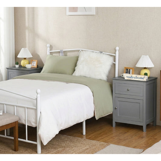 Vodrohome Acacia wood bedside table with 1 drawer and an compartment with door, solid wood night stand in gray finish 48x38x63 cm  S#013