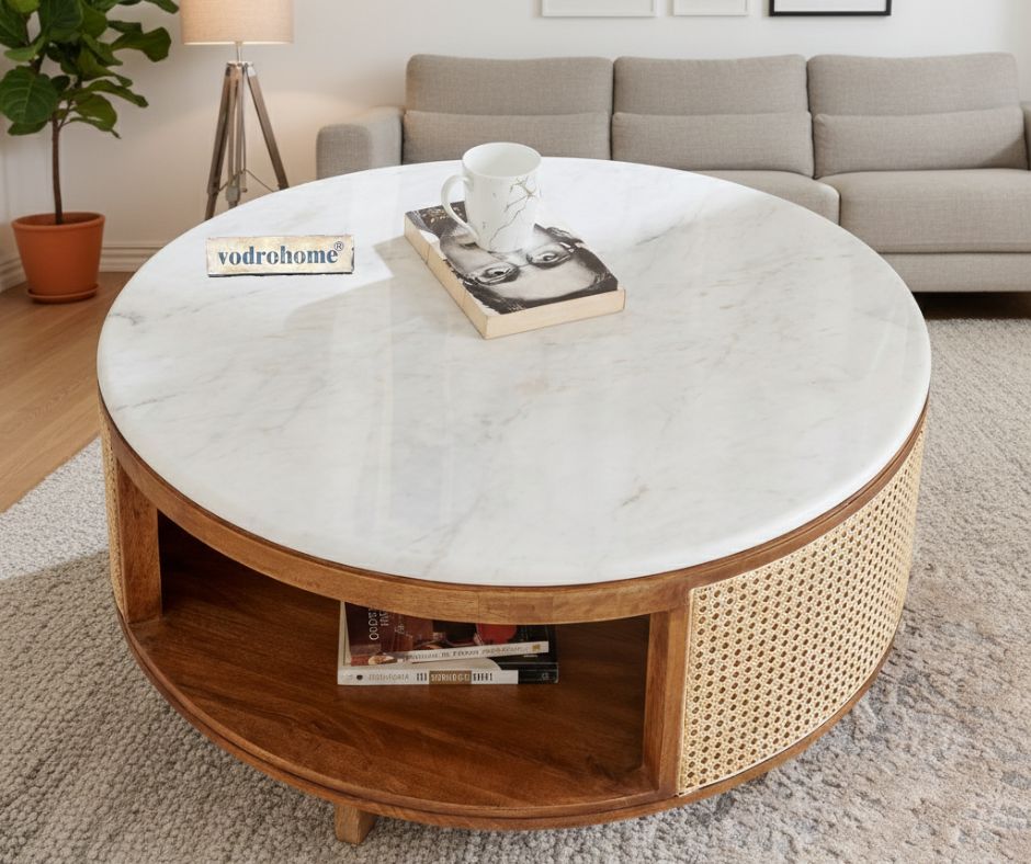 vodrohome Cane Solid Wood Coffee Table with marble top- Rattan Round Centre Table with Storage - Ideal Tea Table for Living Rooms C#040