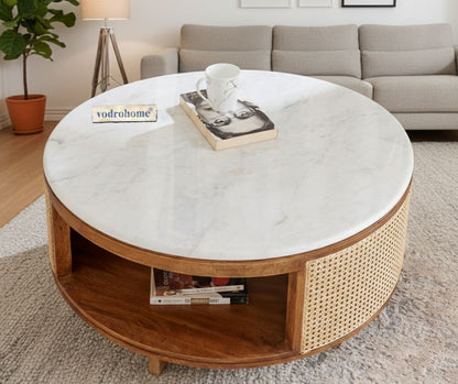 vodrohome Cane Solid Wood Coffee Table with marble top- Rattan Round Centre Table with Storage - Ideal Tea Table for Living Rooms C#040