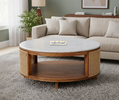 vodrohome Cane Solid Wood Coffee Table with marble top- Rattan Round Centre Table with Storage - Ideal Tea Table for Living Rooms C#040