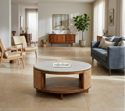 vodrohome Cane Solid Wood Coffee Table with marble top- Rattan Round Centre Table with Storage - Ideal Tea Table for Living Rooms C#040