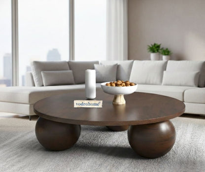 vodrohome solid mango wood modern coffee table – round coffee table with ball shape base – bohemian solid wood coffee table for office and living room C#058