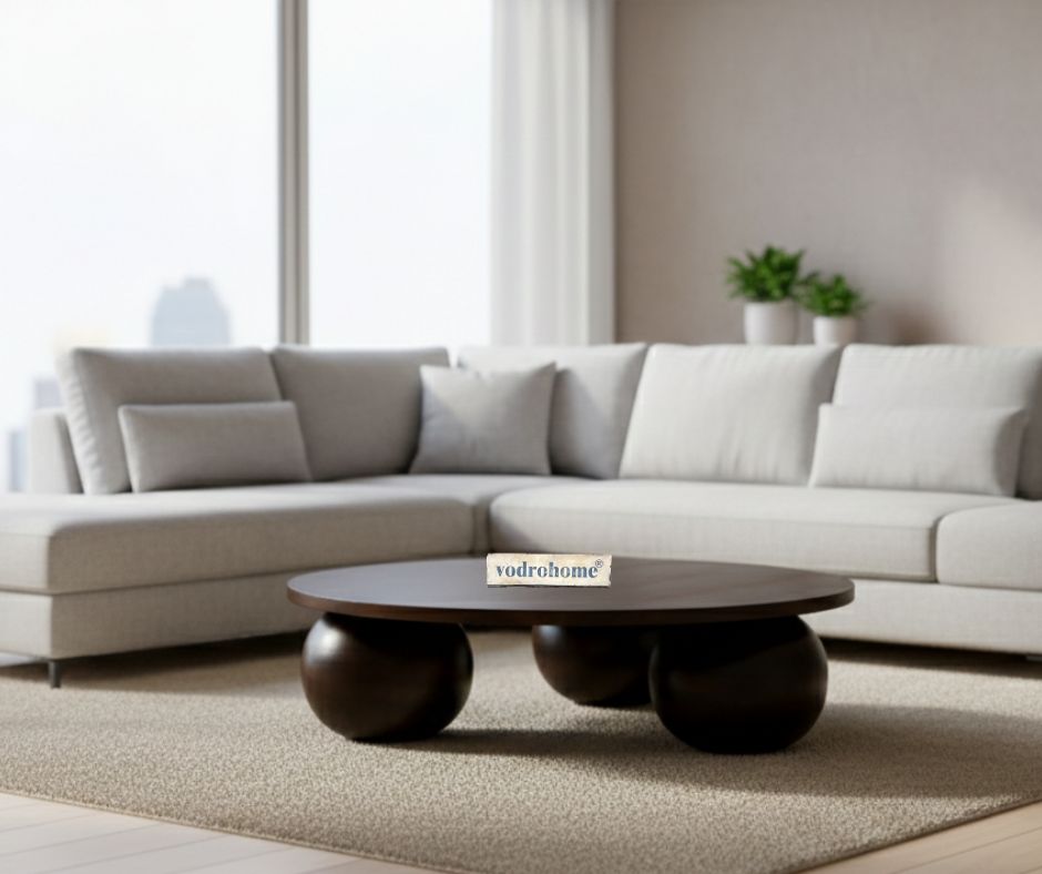 vodrohome solid mango wood modern coffee table – round coffee table with ball shape base – bohemian solid wood coffee table for office and living room C#058