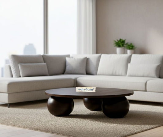 vodrohome solid mango wood modern coffee table – round coffee table with ball shape base – bohemian solid wood coffee table for office and living room C#058