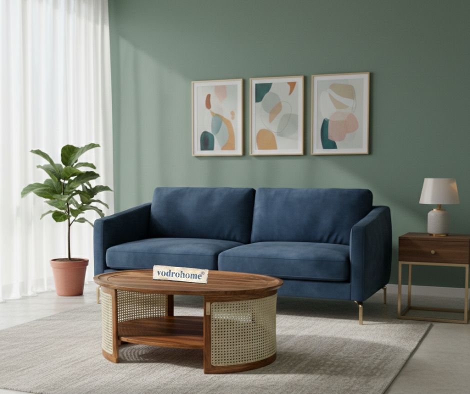 vodrohome Rattan Coffee Table – cane center table with shelf for storage – bohemian solid Sheesham wood coffee table for office and living room C#063