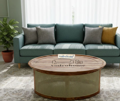vodrohome Rattan Coffee Table – cane center table with shelf for storage – bohemian solid Sheesham wood coffee table for office and living room C#063