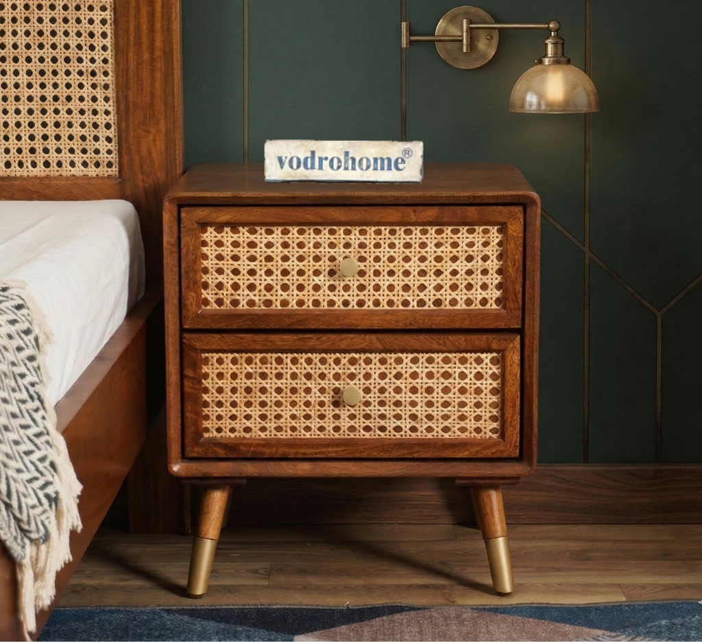Vodrohome Solid wood rattan bedside table - two drawers bed side end table night stand 45x35x50 cm  S#020