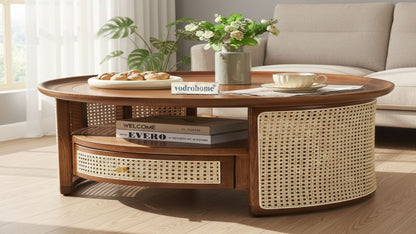 vodrohome Rattan Coffee Table With Drawer – cane center table with shelf for storage – bohemian solid mango wood coffee table for office and living room C#055
