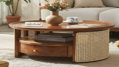 vodrohome Rattan Coffee Table With Drawer – cane center table with shelf for storage – bohemian solid mango wood coffee table for office and living room C#055