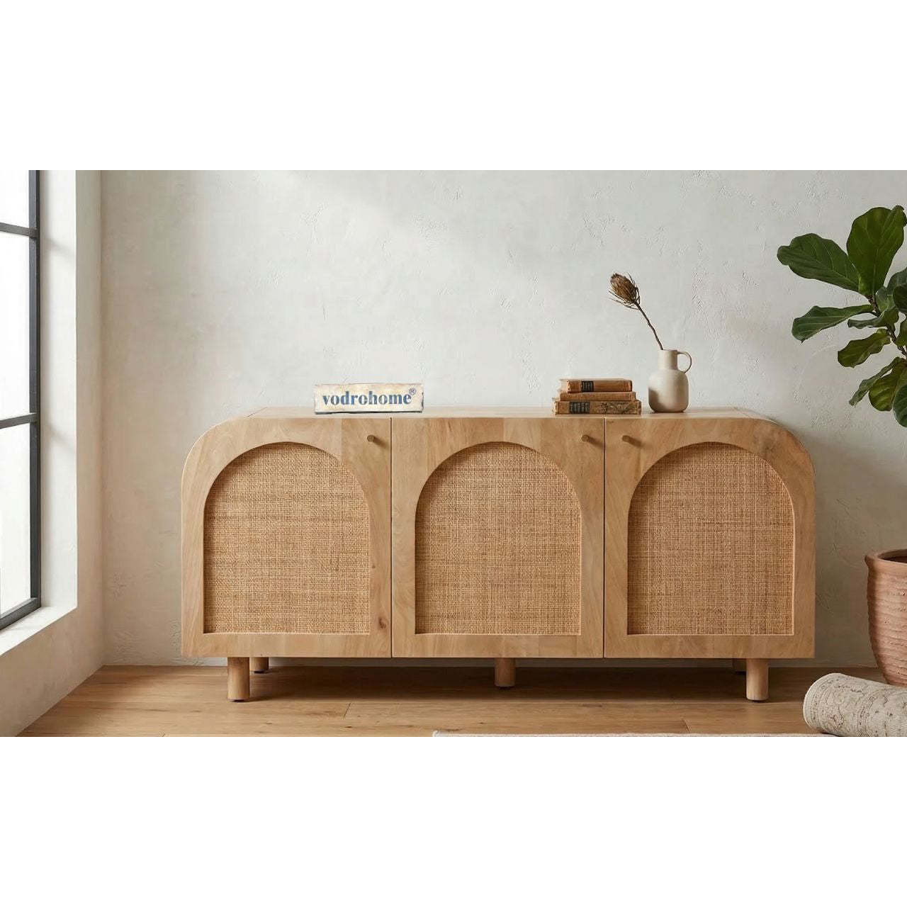 vodrohome mango wood rattan cane Tv unit consol – Hawamahal collection cane side board  - natural cane tv cabinet 145 x 45 x 65 cm  TV#032