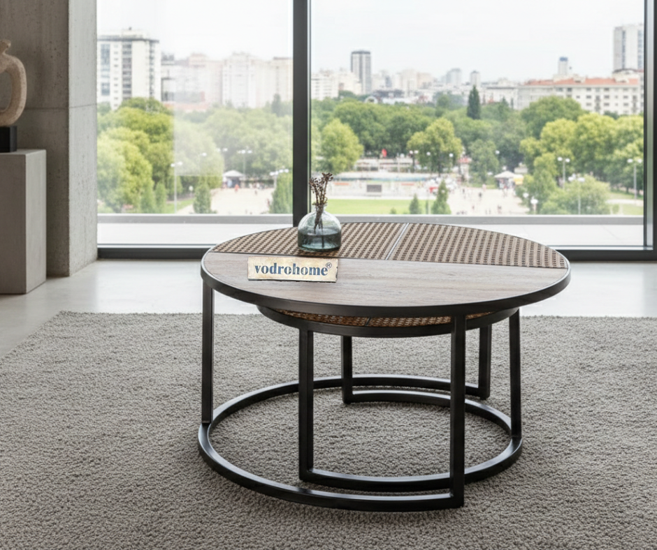 vodrohome cane nesting coffee table - rattan round centre table with storage – set of 2 mango wood center table  C#048