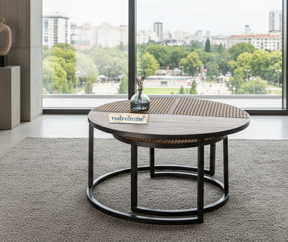 vodrohome cane nesting coffee table - rattan round centre table with storage – set of 2 mango wood center table  C#048