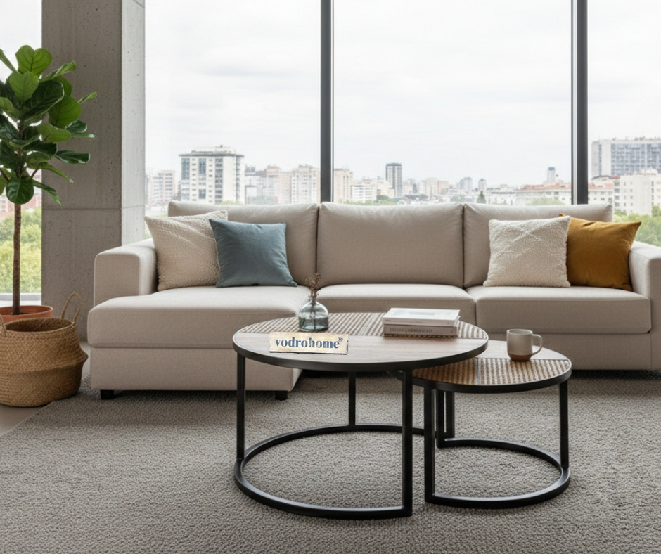 vodrohome cane nesting coffee table - rattan round centre table with storage – set of 2 mango wood center table  C#048