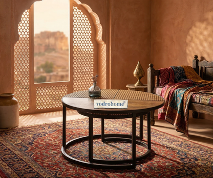 vodrohome cane nesting coffee table - rattan round centre table with storage – set of 2 mango wood center table  C#048