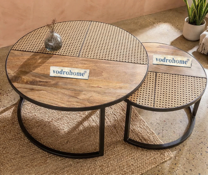 vodrohome cane nesting coffee table - rattan round centre table with storage – set of 2 mango wood center table  C#048