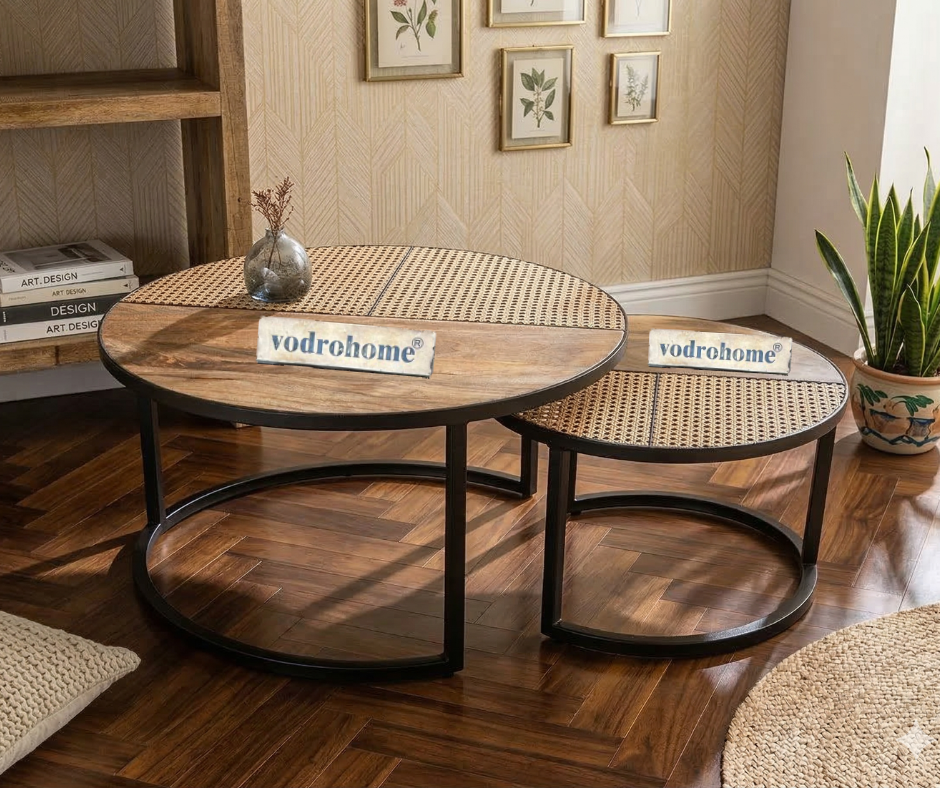 vodrohome cane nesting coffee table - rattan round centre table with storage – set of 2 mango wood center table  C#048