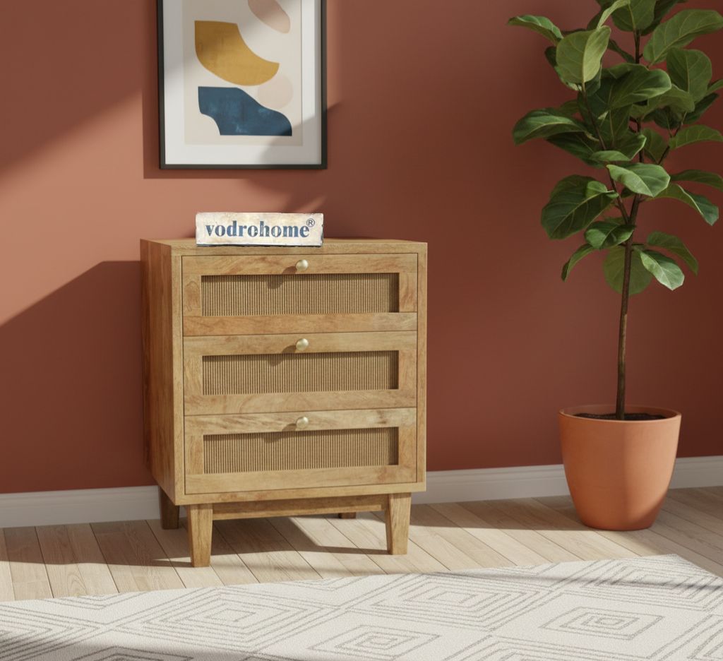 Vodrohome Solid wood rattan night stand table - three drawers bed side table night stand 47x50x62 cm  S#029