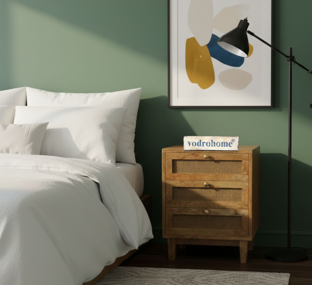Vodrohome Solid wood rattan night stand table - three drawers bed side table night stand 47x50x62 cm  S#029