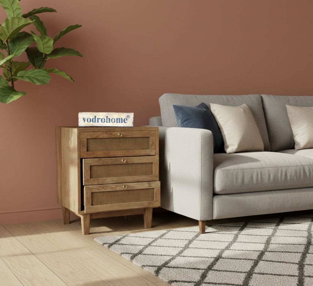 Vodrohome Solid wood rattan night stand table - three drawers bed side table night stand 47x50x62 cm  S#029