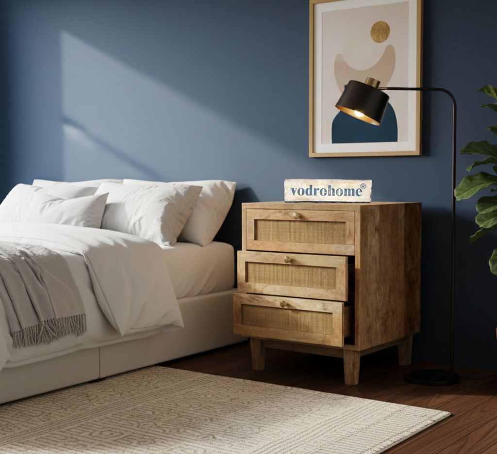 Vodrohome Solid wood rattan night stand table - three drawers bed side table night stand 47x50x62 cm  S#029