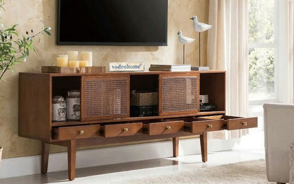 vodrohome marwar cane tv unit cabinet – solid mango wood tvc with sliding Doors – tv consol table with set up box storage TV#011