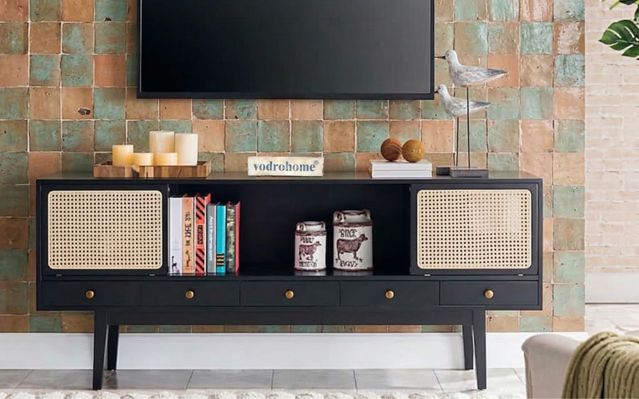 vodrohome marwar cane tv unit cabinet – solid mango wood tvc with sliding Doors – tv consol table with set up box storage TV#011