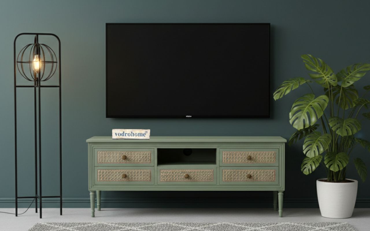 vodrohome SUMMER GARDEN TV UNIT with 1 flip up door and 5 drawers - tv consol table – Tv Cabinet Entertainment unit 128 x 41 x 51 TV#025