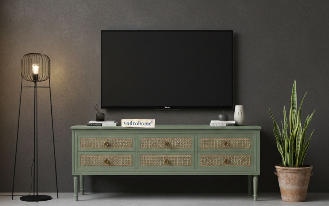 vodrohome SUMMER GARDEN TV UNIT with 1 flip up door and 5 drawers - tv consol table – Tv Cabinet Entertainment unit 128 x 41 x 51 TV#025