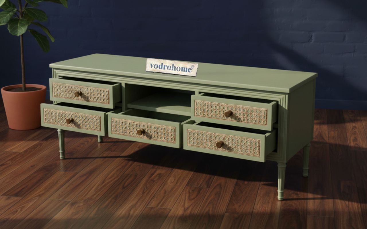 vodrohome SUMMER GARDEN TV UNIT with 1 flip up door and 5 drawers - tv consol table – Tv Cabinet Entertainment unit 128 x 41 x 51 TV#025