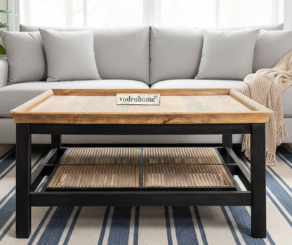 vodrohome solid mango wood coffee table with rattan cane - rectangle centre table ideal tea table for living rooms C#047