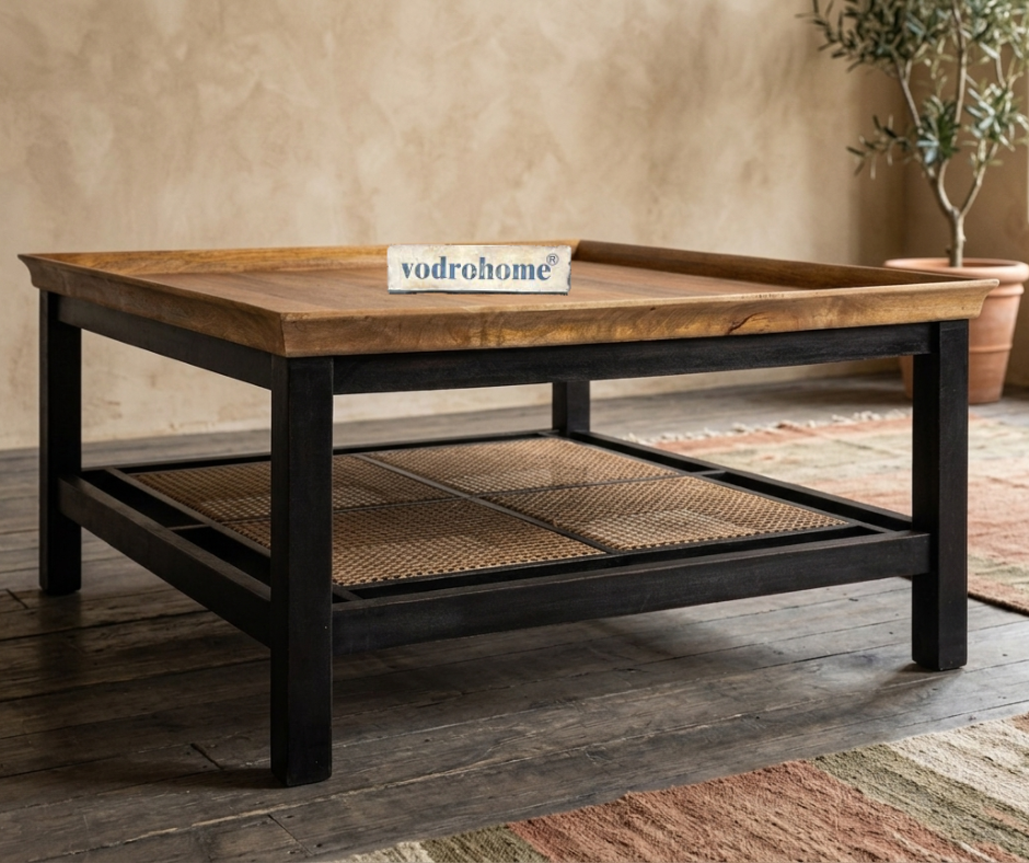 vodrohome solid mango wood coffee table with rattan cane - rectangle centre table ideal tea table for living rooms C#047
