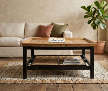 vodrohome solid mango wood coffee table with rattan cane - rectangle centre table ideal tea table for living rooms C#047