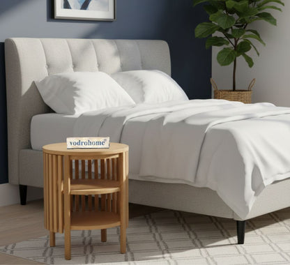 Vodrohome solid wood slatted side table with natural deco –bedsite with open shelf round end table  45x45x55 cm S#054
