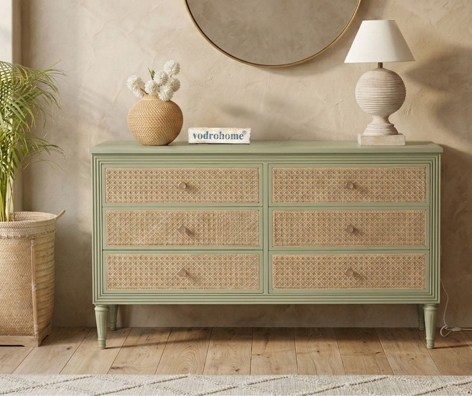 vodrohome solid wood side board with six drawers – sage green chest of drawer with 6 drawers - SUMMER GARDEN CHEST OF DRAWERS 137x41x79 CM  SB#003