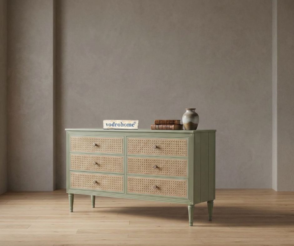 vodrohome solid wood side board with six drawers – sage green chest of drawer with 6 drawers - SUMMER GARDEN CHEST OF DRAWERS 137x41x79 CM  SB#003