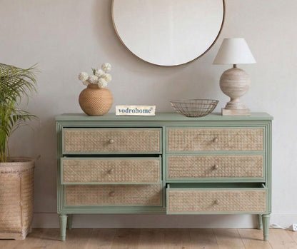 vodrohome solid wood side board with six drawers – sage green chest of drawer with 6 drawers - SUMMER GARDEN CHEST OF DRAWERS 137x41x79 CM  SB#003