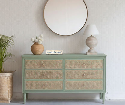 vodrohome solid wood side board with six drawers – sage green chest of drawer with 6 drawers - SUMMER GARDEN CHEST OF DRAWERS 137x41x79 CM  SB#003