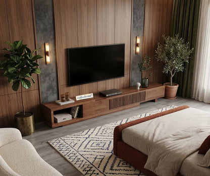 vodrohome modern Walnut Adjustable TV Console With Storage, Extendable TV Stand for TV 75 inch (after extend – 90 inches) TV#008