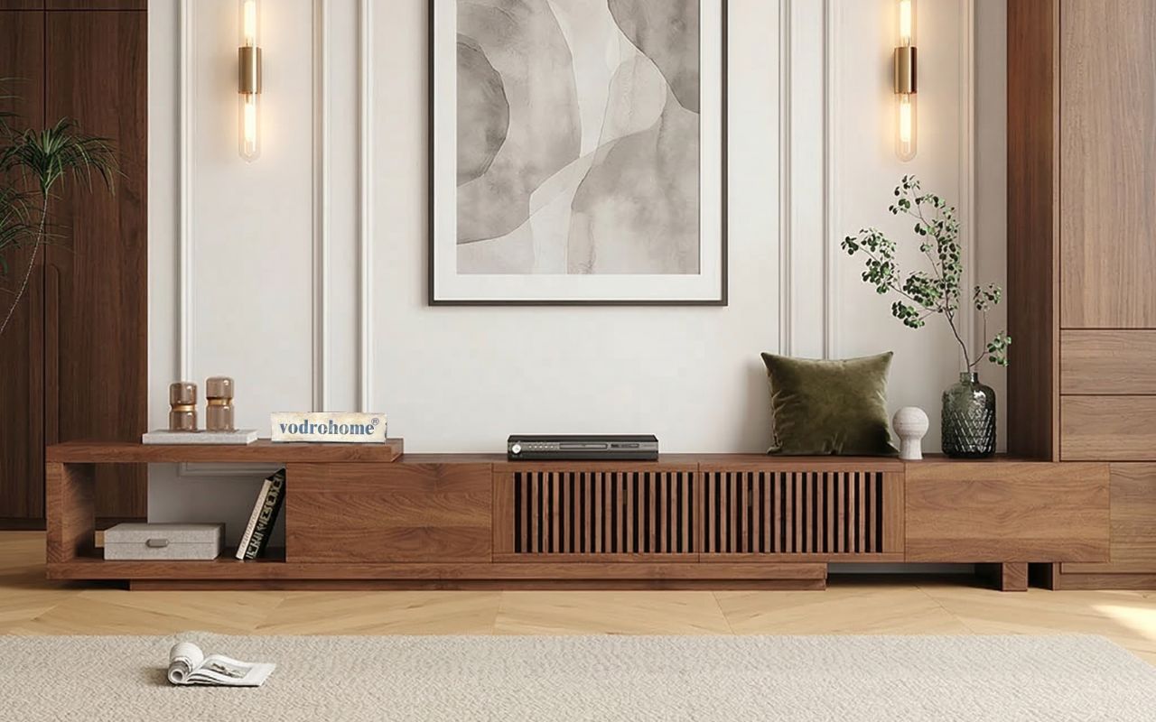 vodrohome modern Walnut Adjustable TV Console With Storage, Extendable TV Stand for TV 75 inch (after extend – 90 inches) TV#008