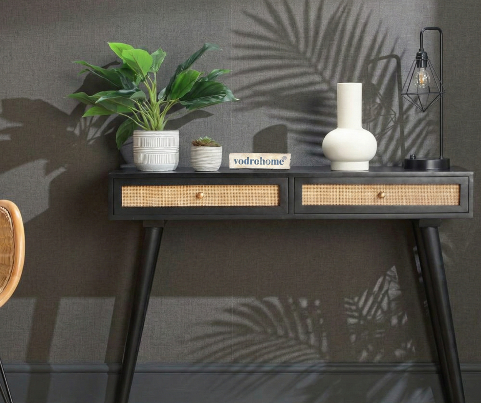 vodrohome  2 Drawer cane consol table for hallway - rattan console tables for entryway CO#004