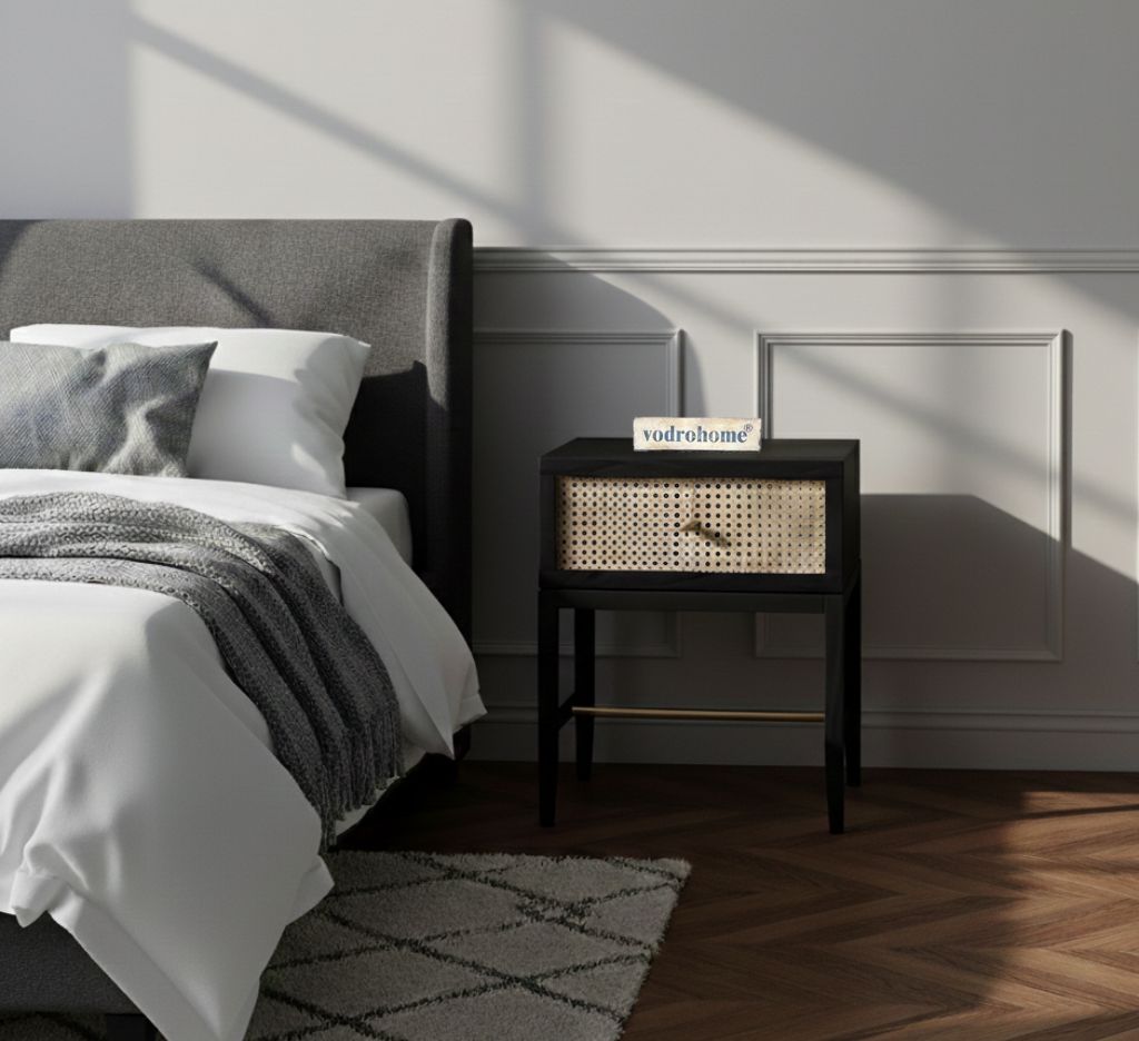 Vodrohome Solid sheesham wood rattan bedside table with one drawers – sheeham wood end table 40x40x50 cm  S#007