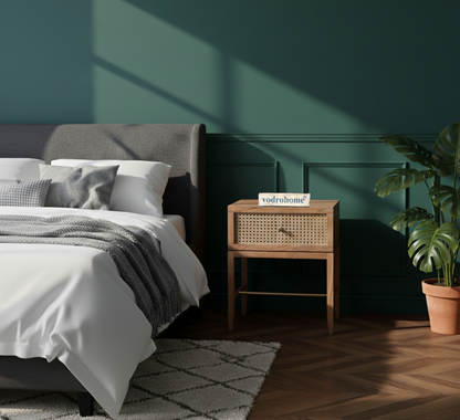 Vodrohome Solid sheesham wood rattan bedside table with one drawers – sheeham wood end table 40x40x50 cm  S#007