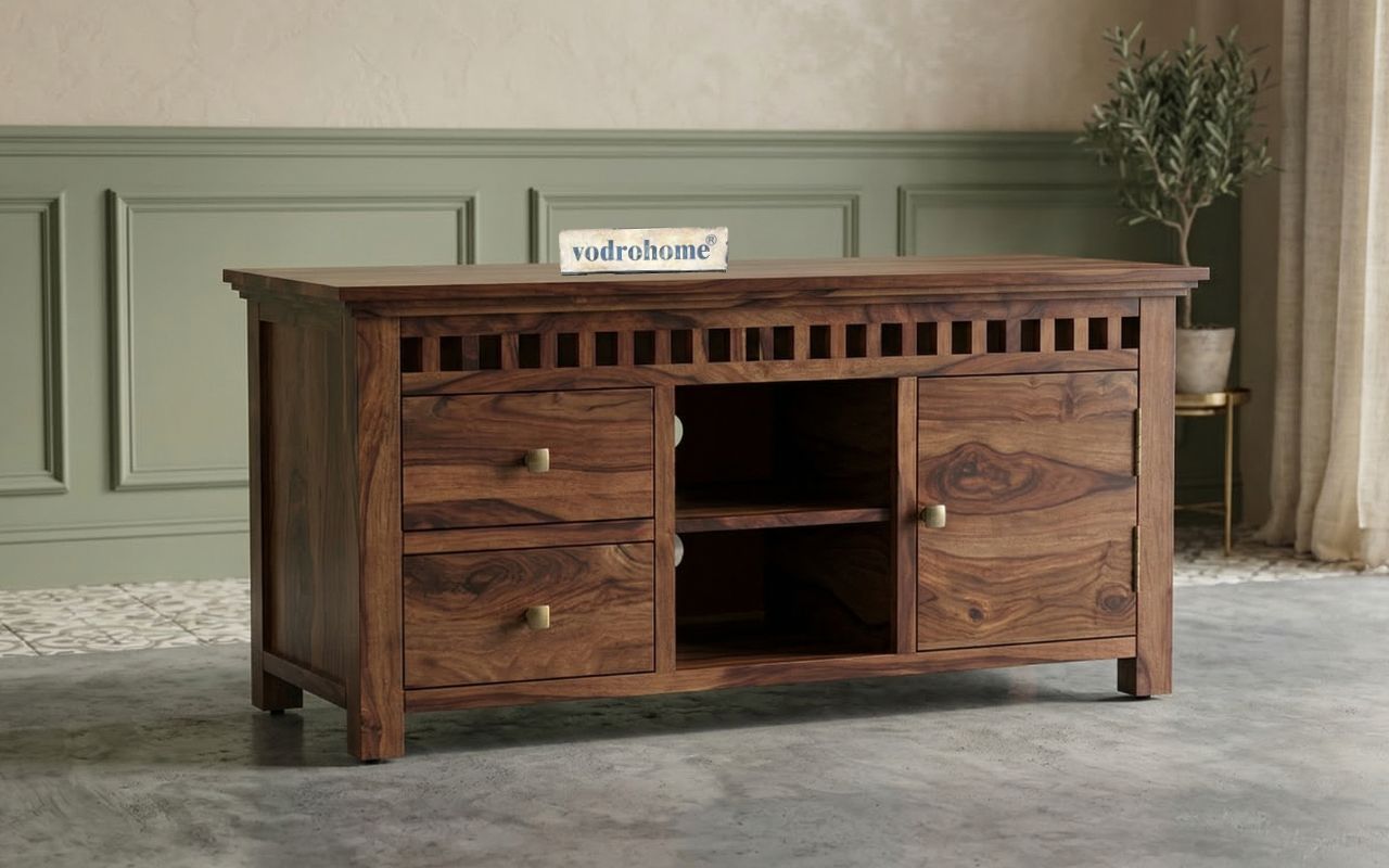 vodrohome tv unit cabinet with slatted door compartment walnut – solid sheesham wood tvc – tv consol table with set up box shelf 113 x 45 x 53 cm  TV#021