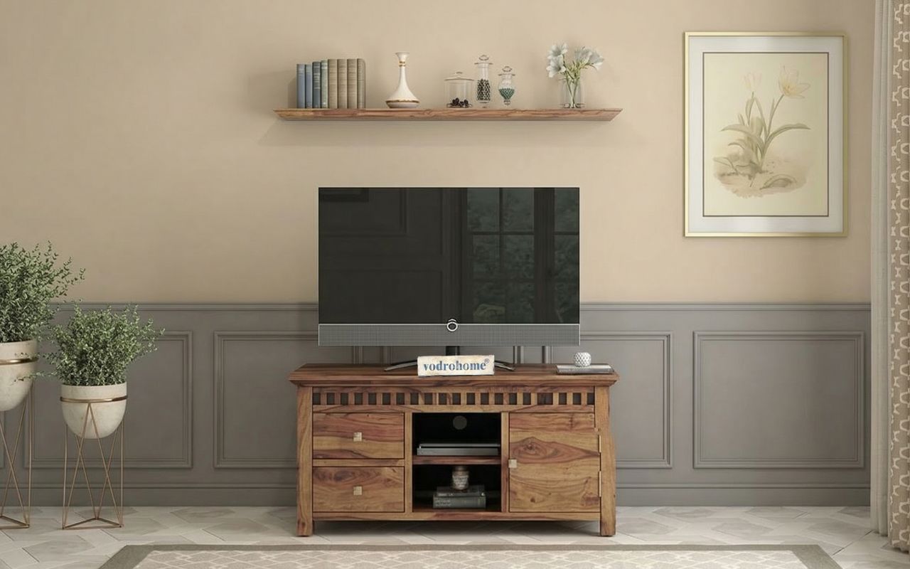 vodrohome tv unit cabinet with slatted door compartment walnut – solid sheesham wood tvc – tv consol table with set up box shelf 113 x 45 x 53 cm  TV#021