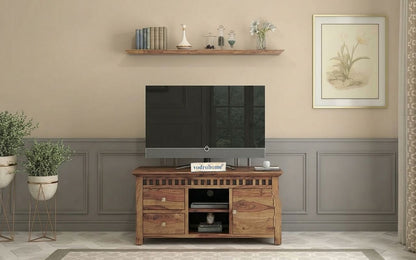 vodrohome tv unit cabinet with slatted door compartment walnut – solid sheesham wood tvc – tv consol table with set up box shelf 113 x 45 x 53 cm  TV#021