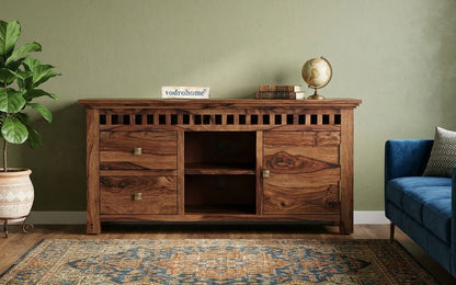 vodrohome tv unit cabinet with slatted door compartment walnut – solid sheesham wood tvc – tv consol table with set up box shelf 113 x 45 x 53 cm  TV#021